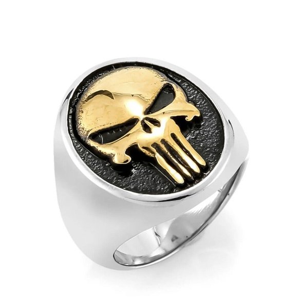 New Gold Plated Tone Stainless Steel Mens Biker Punisher Skull Ring Size 7-15 - Picture 7 of 8